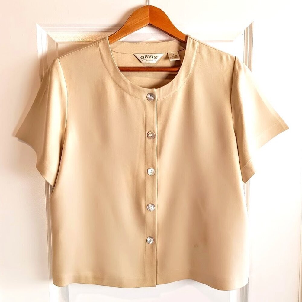 Orvis Beige Sueded Silk Short Sleeve Blouse